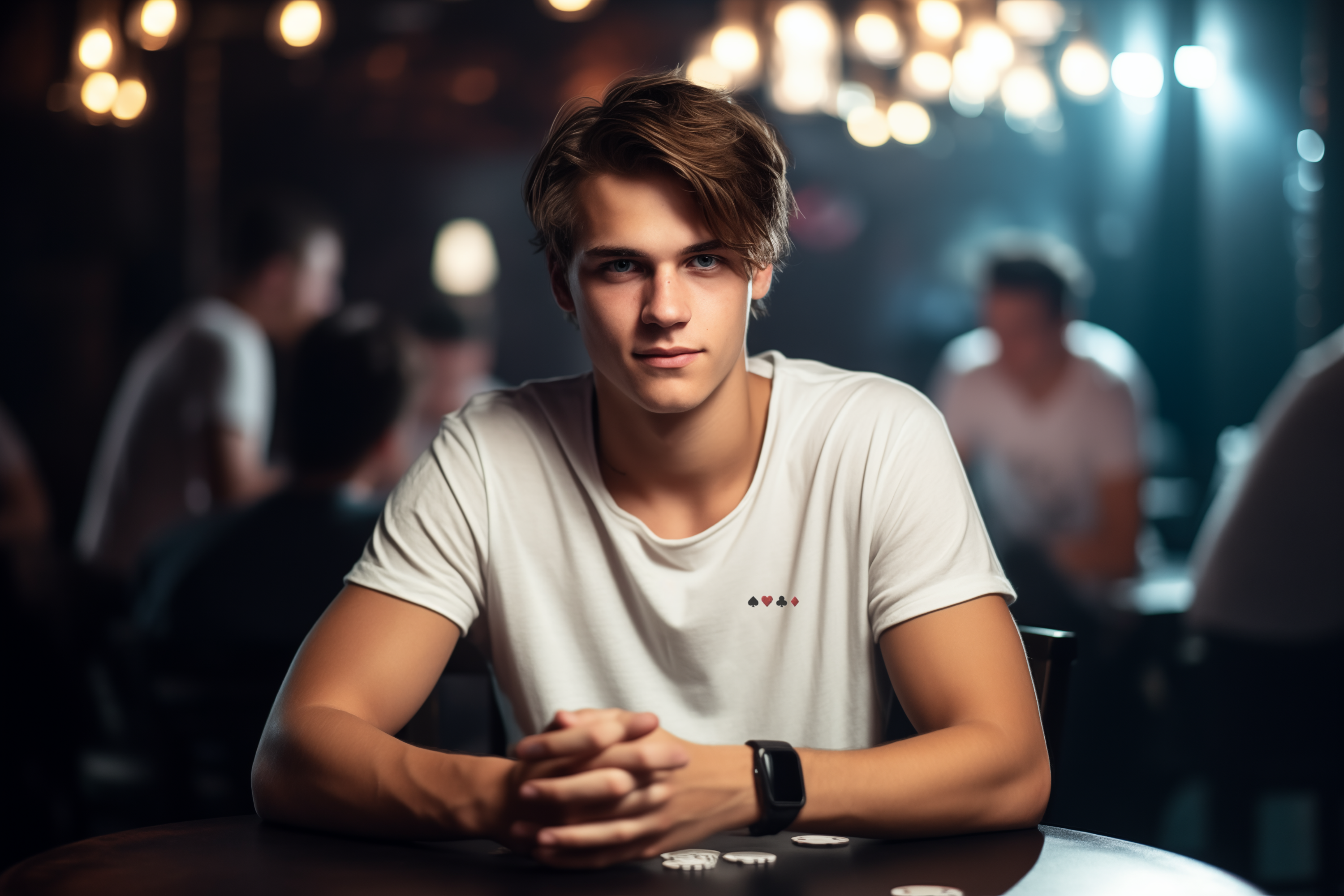 Man at poker table wearing a Stacked Style premium non-iron cotton shirt with embroidered motifs, showcasing luxury and comfort in poker apparel.