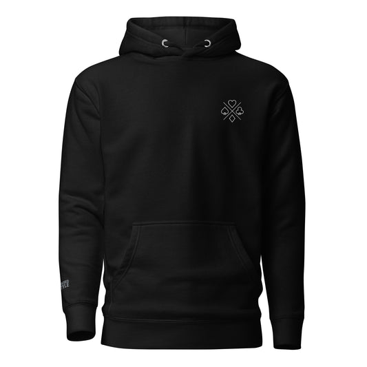 Front view of black premium unisex hoodie featuring a sleek poker suit emblem. Perfect for poker enthusiasts and casual wear